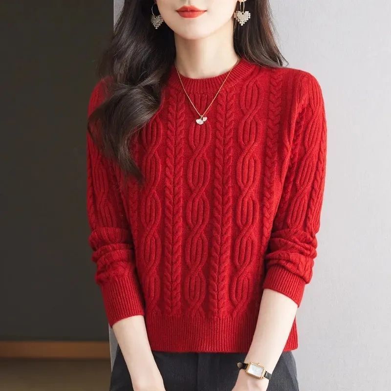 時尚圓領麻花長袖針織衫(6色)