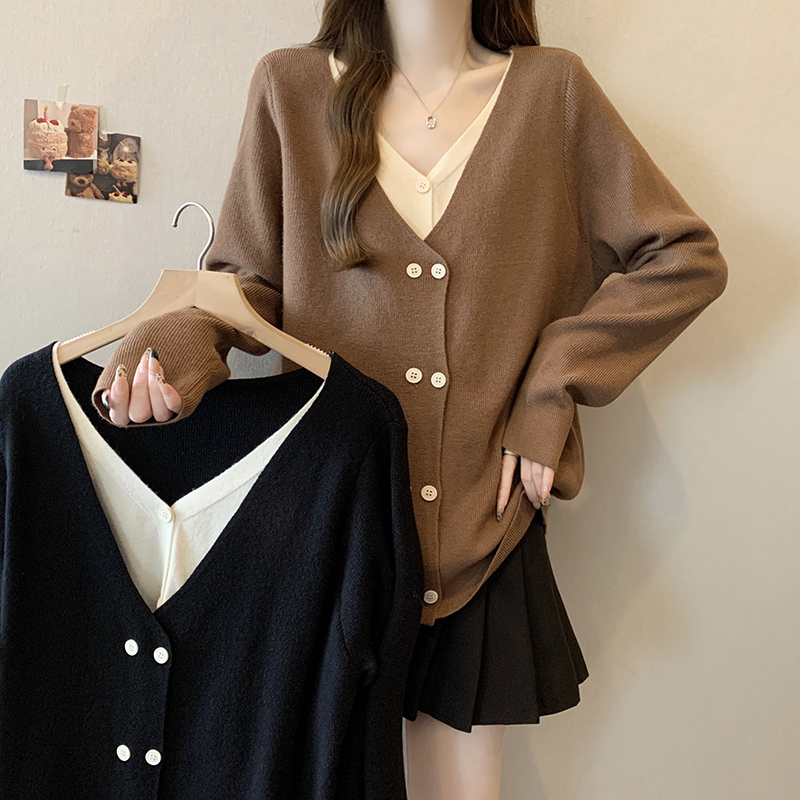 V領撞色假兩件雙排扣針織衫(2色)