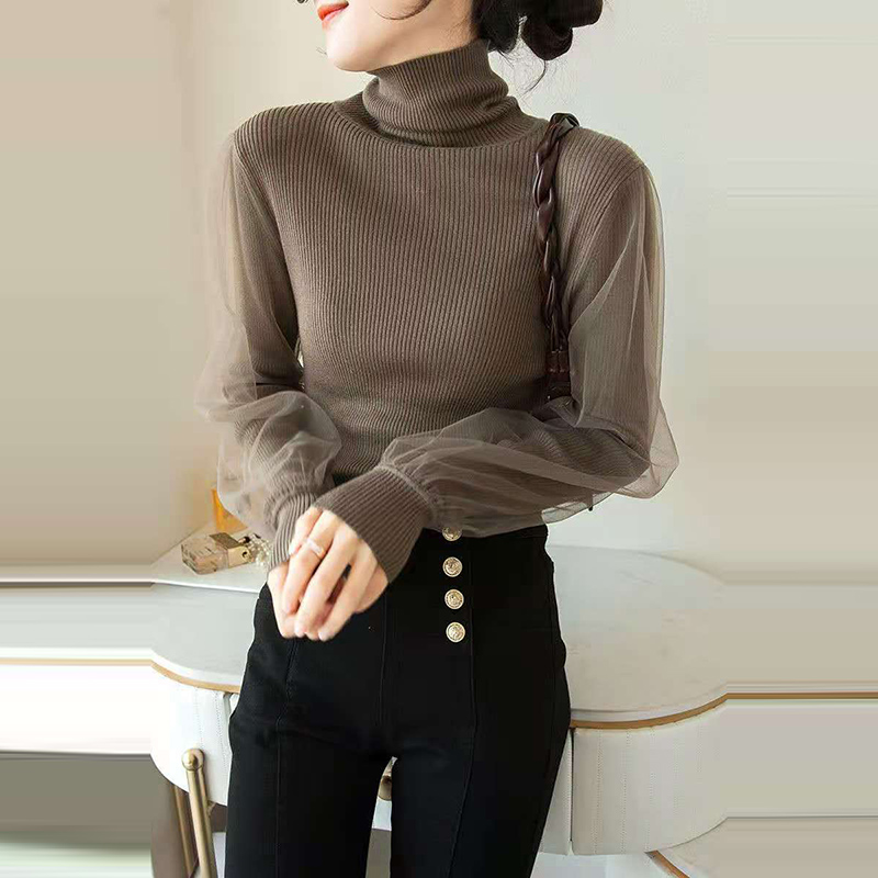 時尚高領蕾絲網紗長袖針織毛衣