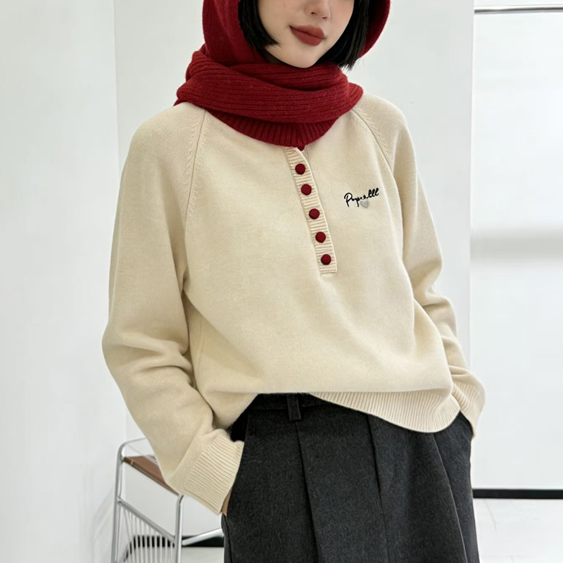 百搭半開領繫扣針織毛衣(2色)