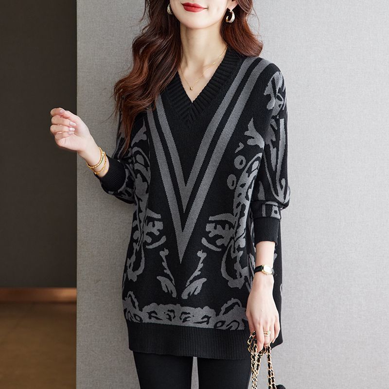 提花中長V領提花針織衫