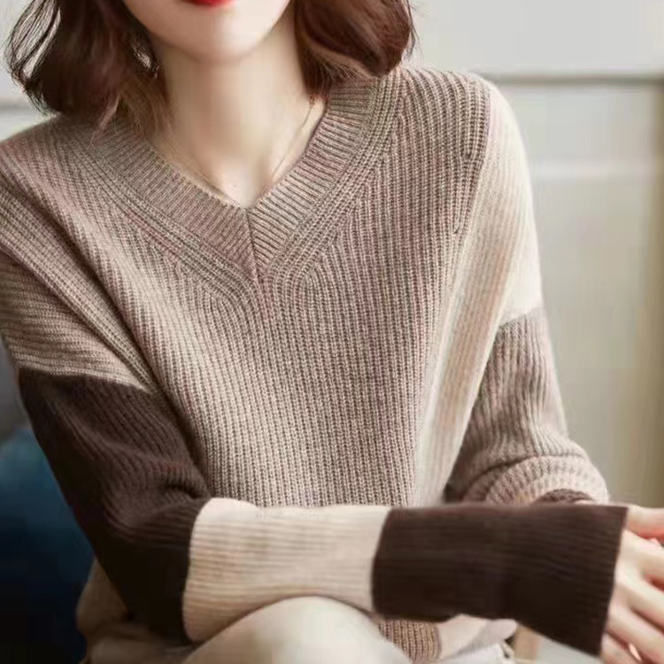 復古慵懶風拼色針織毛衣(2色)