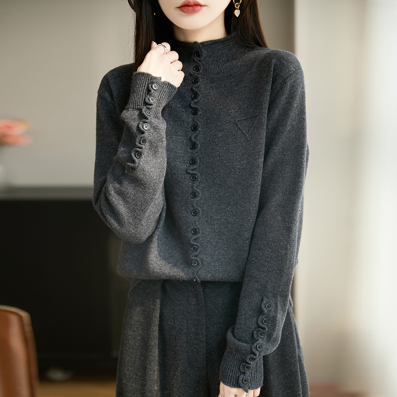 復古蕾絲紐帶半高領針織毛衣(3色)