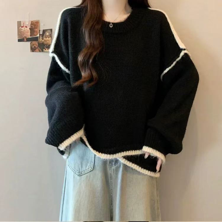慵懶撞色圓領長袖針織毛衣(2色)