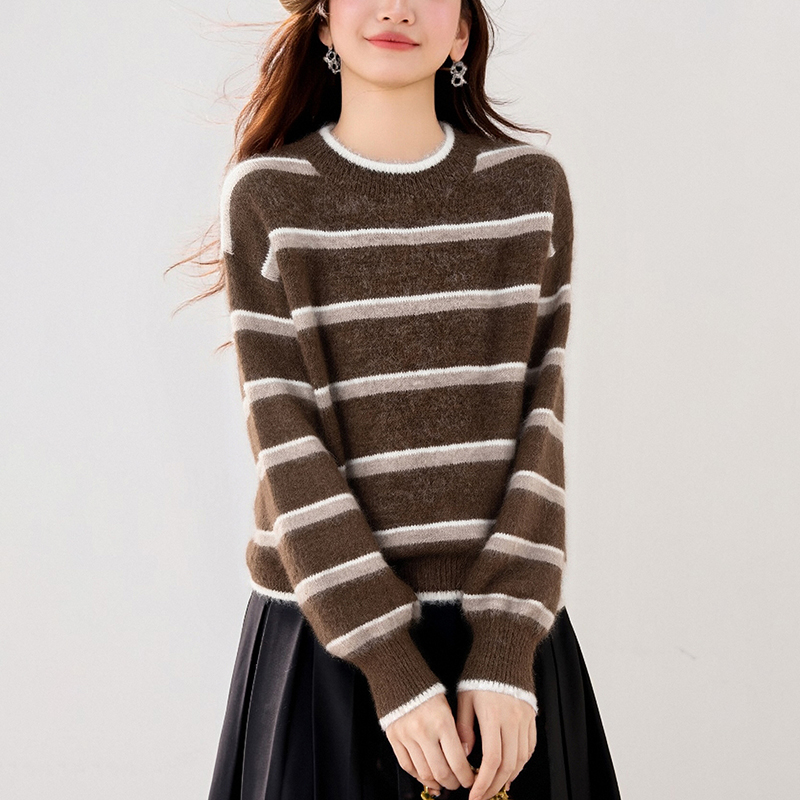 復古撞色條紋圓領長袖毛衣