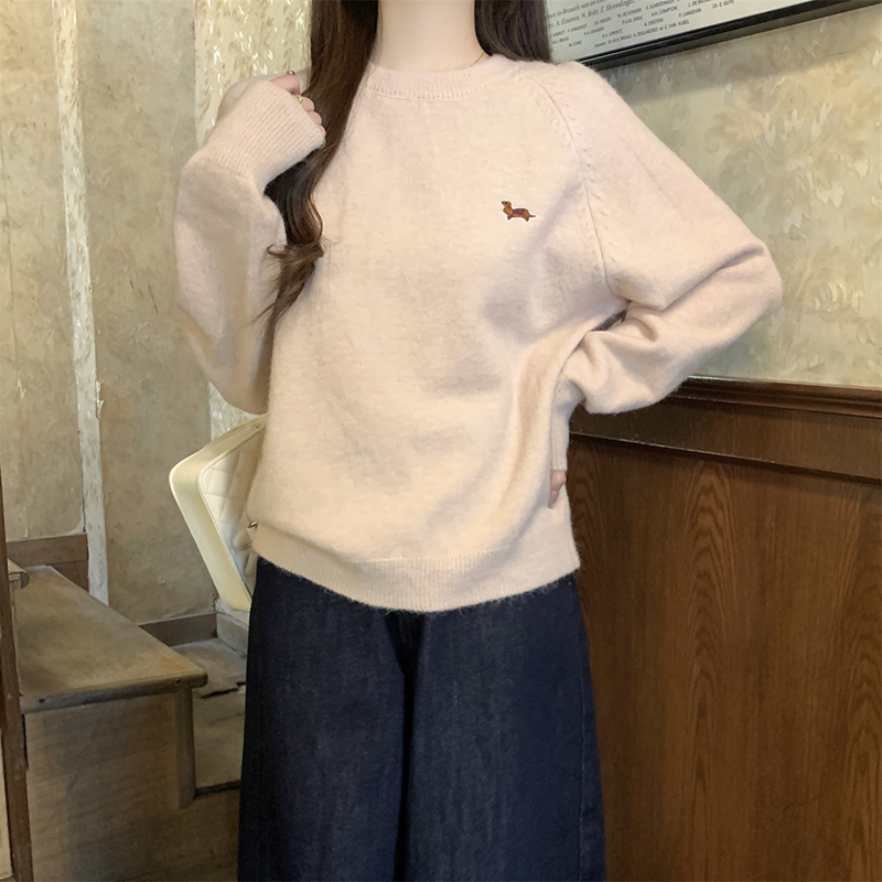 韓系慵懶圓領刺繡針織毛衣(4色)