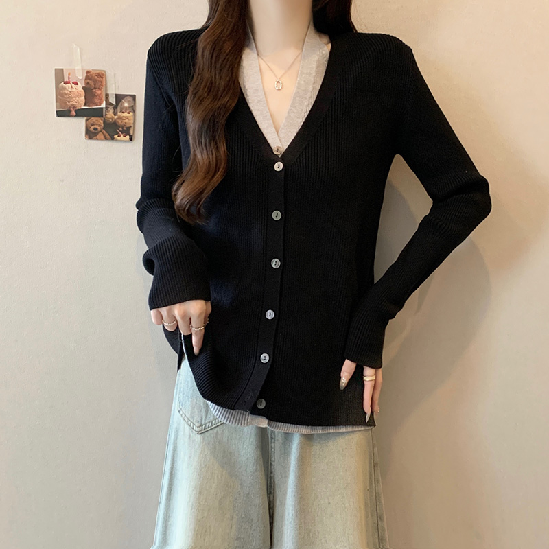 V領假兩件針織開襟衫