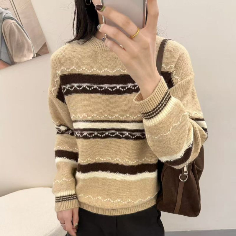 時尚拼色條紋圓領長袖針織毛衣(2色)