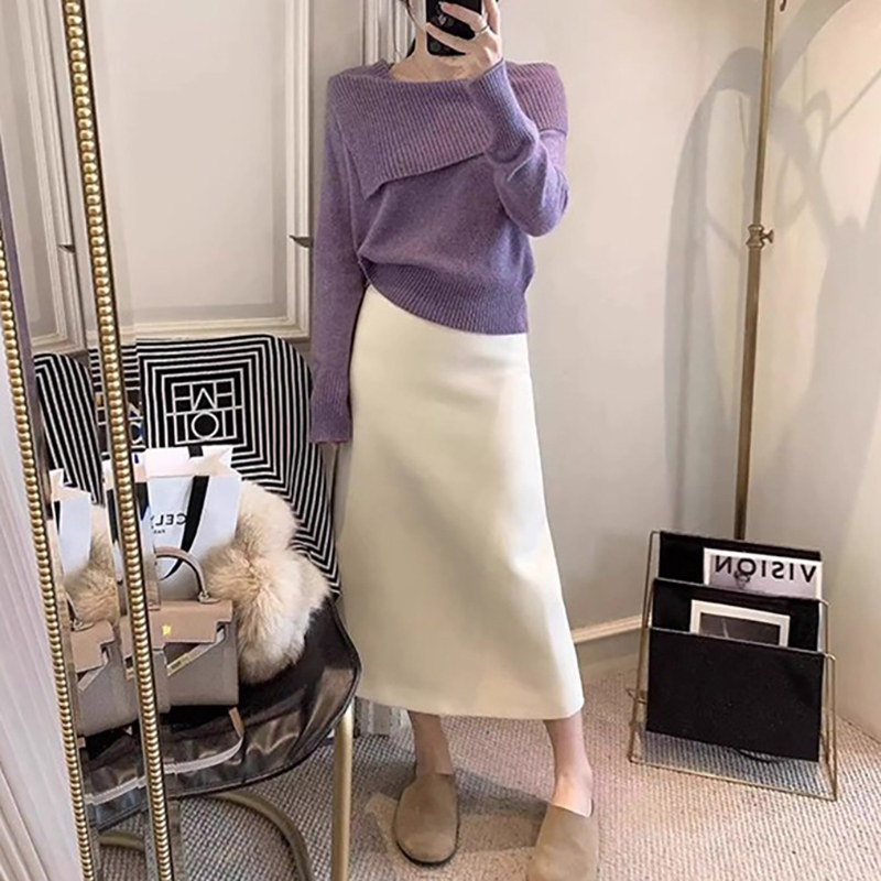 通勤翻領一字肩長袖針織衫(2色)