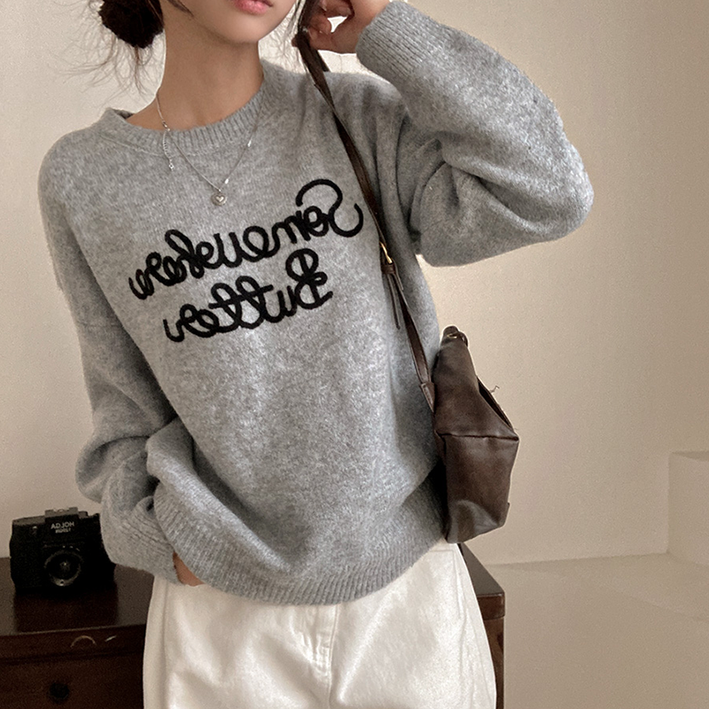 日系字母刺繡圓領針織毛衣(5色)