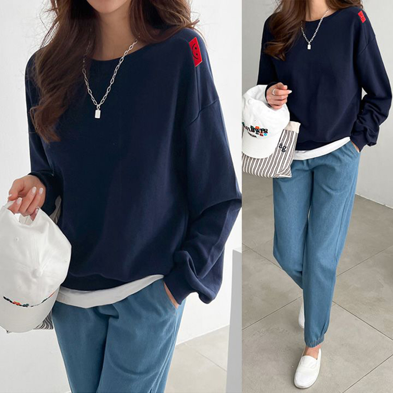 休閒圓領落肩長袖衛衣