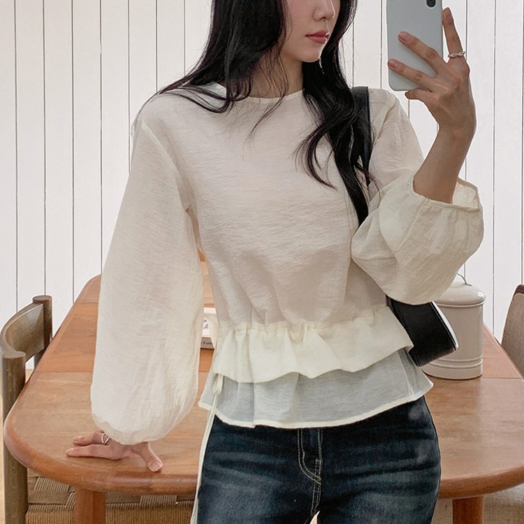 韓國荷葉雙層抽繩收腰襯衫(3色)