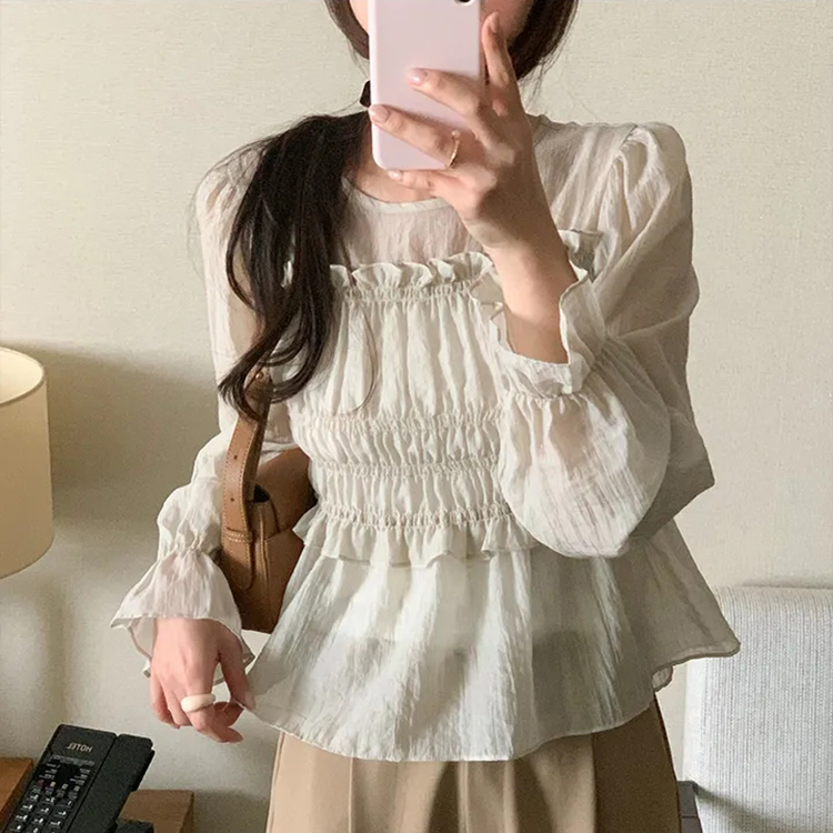 法式溫柔甜美木耳邊皺褶收腰小衫(2色)