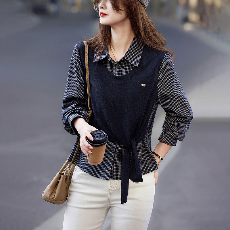 百搭格子假兩件長袖襯衫