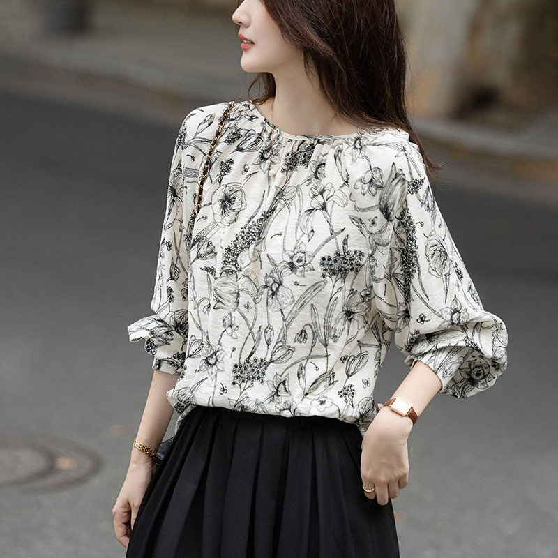 復古設計感斜領羈絆印花襯衫