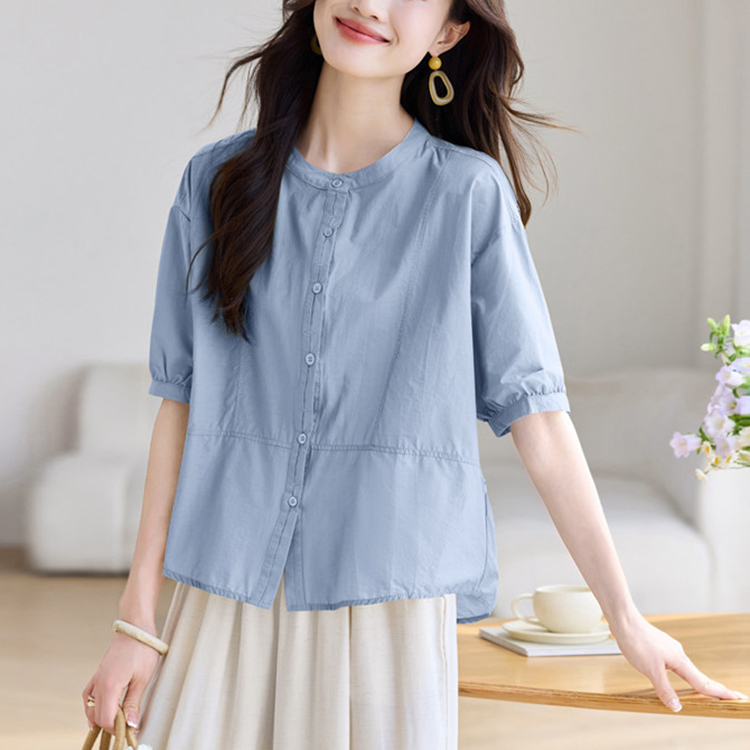 法式立領休閒短袖襯衫(2色)