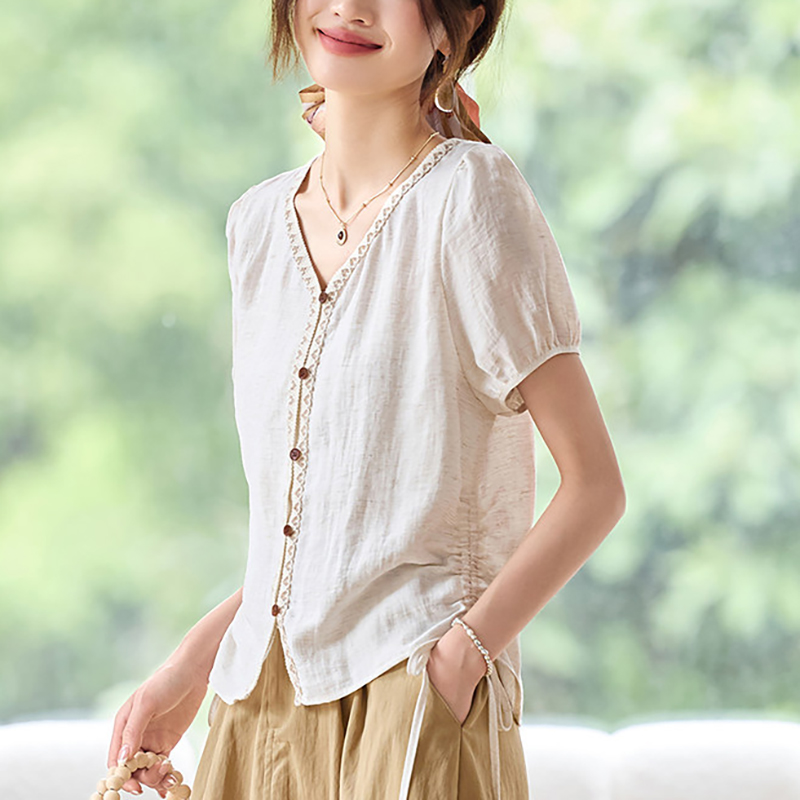 簡約V領抽繩短袖T恤(2色)