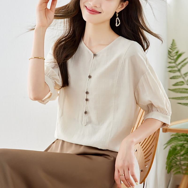 優雅V領短袖襯衫