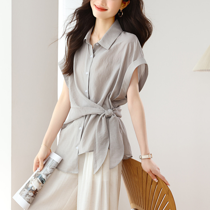 新款收腰不規則短袖襯衫(2色)