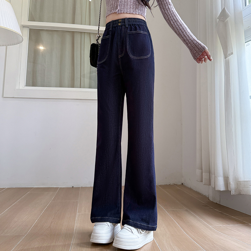 新款鬆緊高腰微喇彈性牛仔褲