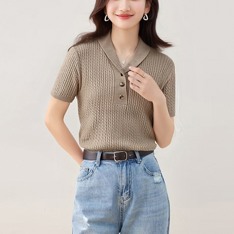 韓系麻花修身短袖針織衫