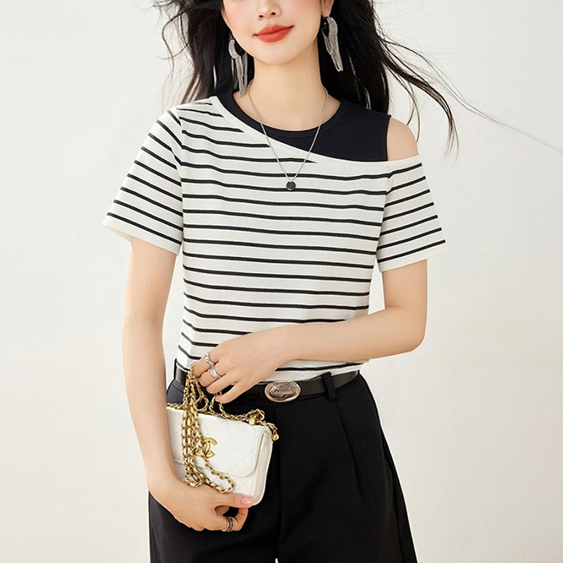 優雅撞色露肩短袖T恤(2色)