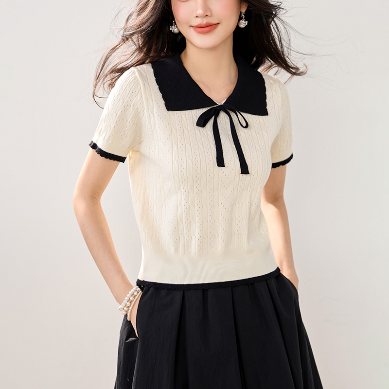 法式甜美POLO領短袖針織T恤(2色)