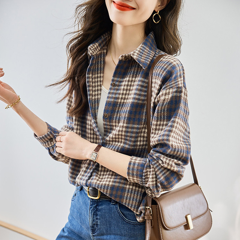 復古磨毛撞色格紋寬鬆翻領襯衫