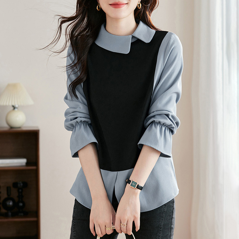 撞色娃娃領喇叭袖拼接假兩件襯衫