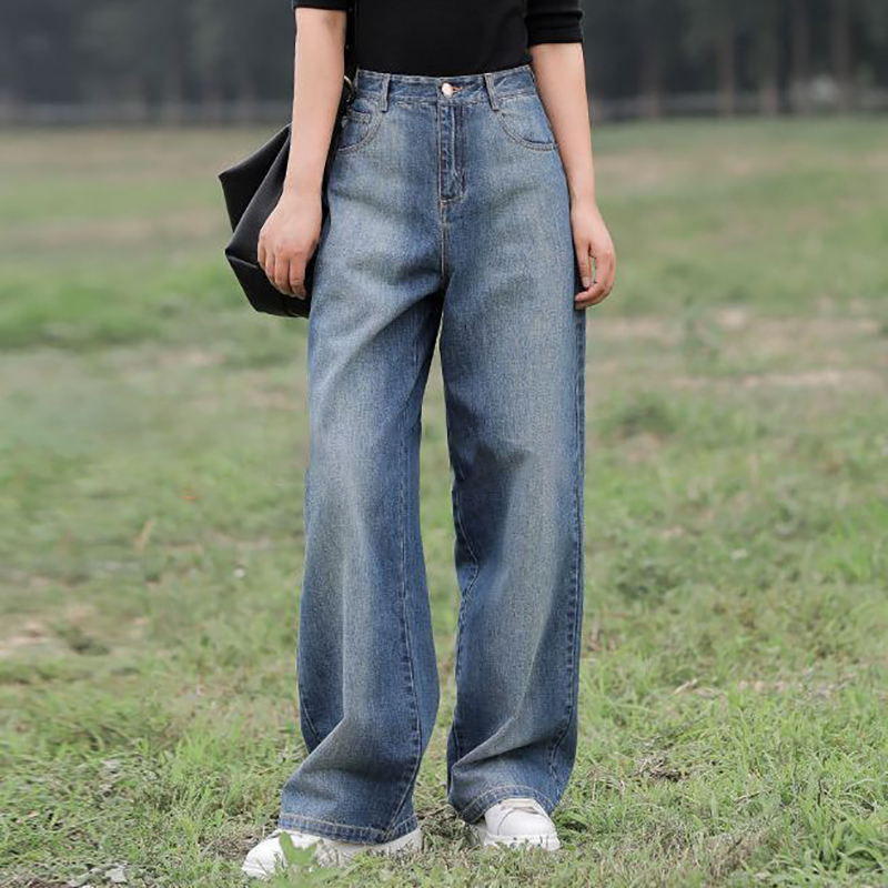 寬鬆百搭拖地垂感直筒闊腳水洗牛仔褲