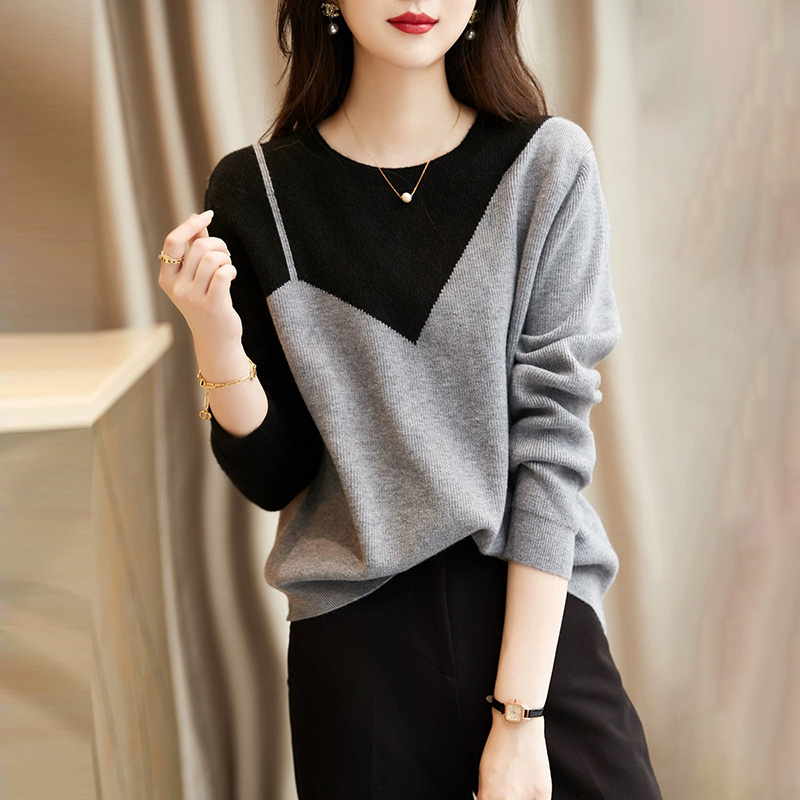 寬鬆百搭拼接撞色圓領針織衫
