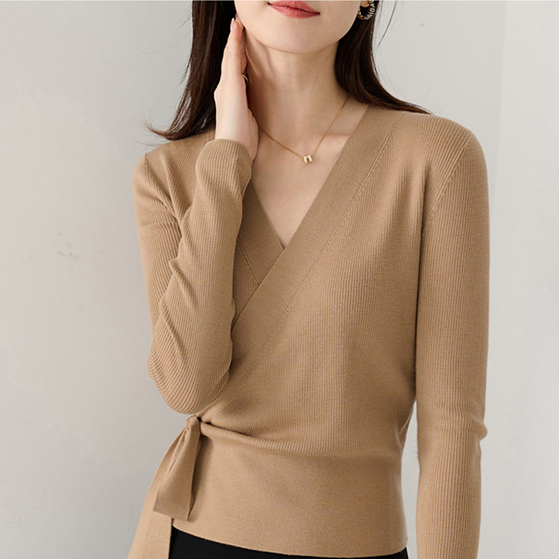 純色圍裹式V領綁帶針織衫(3色)