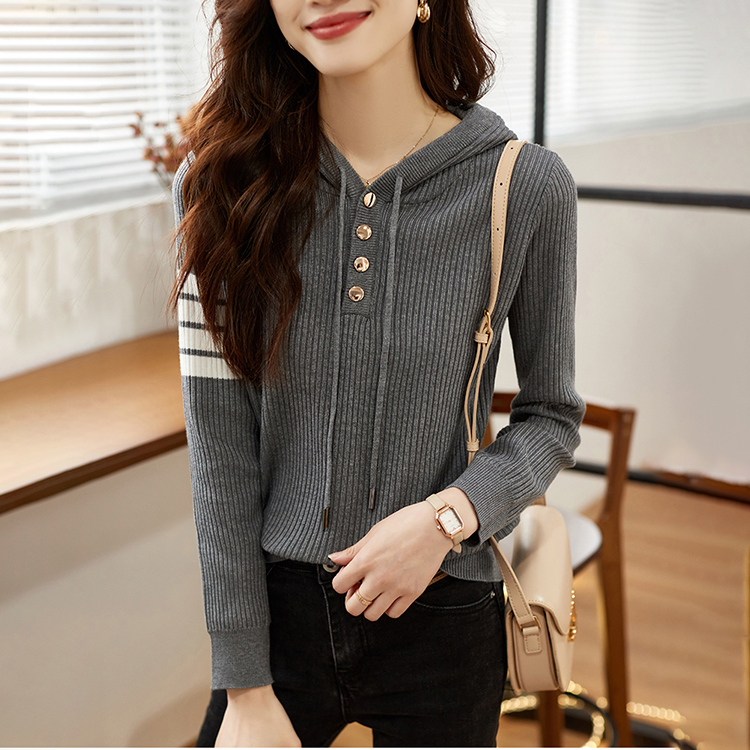 時尚袖口撞色復古連帽針織衫