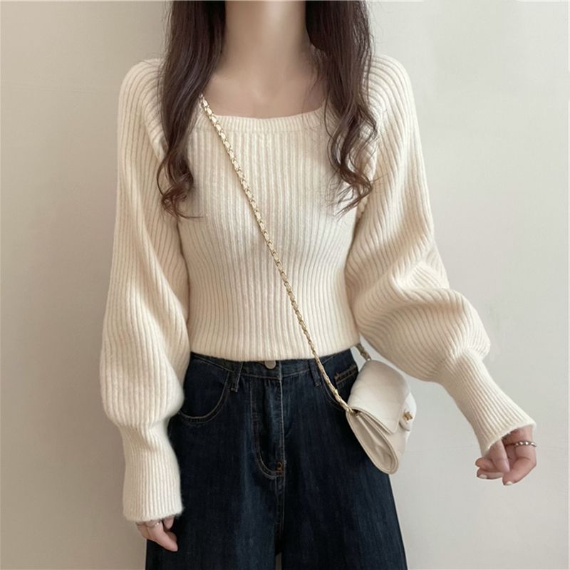 休閒寬鬆百搭方領軟糯燈籠袖針織衫(3色)