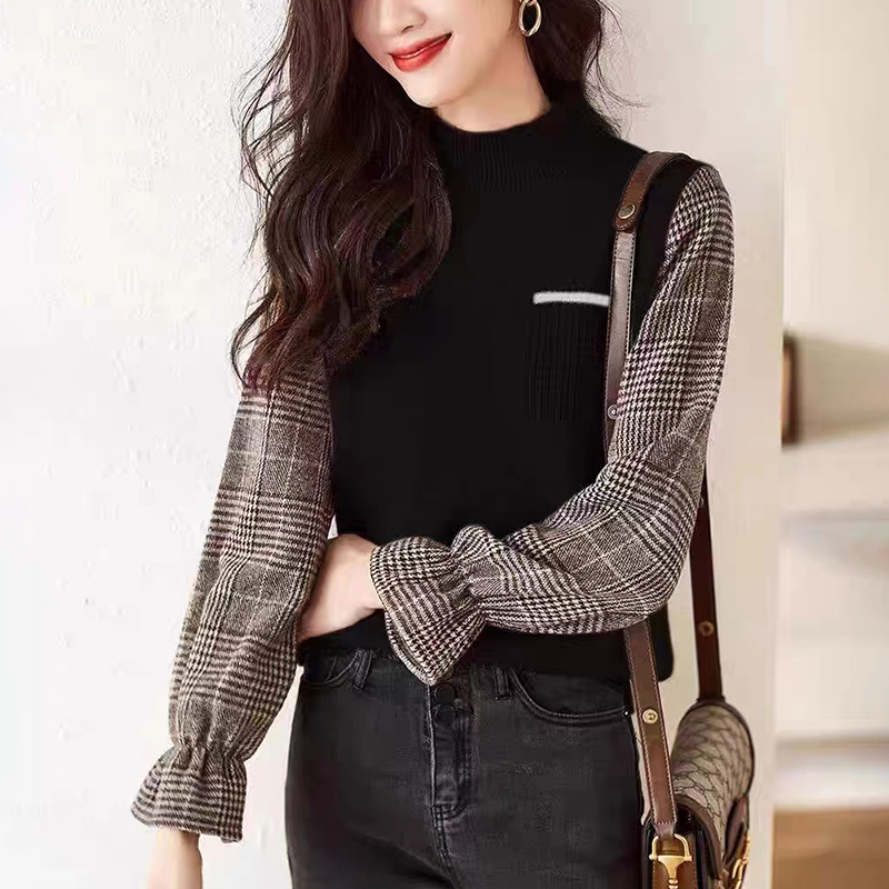 簡約百搭復古英倫風拼色格紋喇叭袖針織衫(3色)