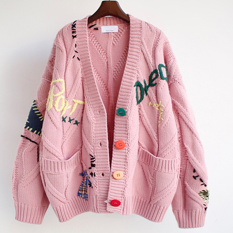 慵懶風寬鬆字母刺繡V領針織開襟衫(3色)