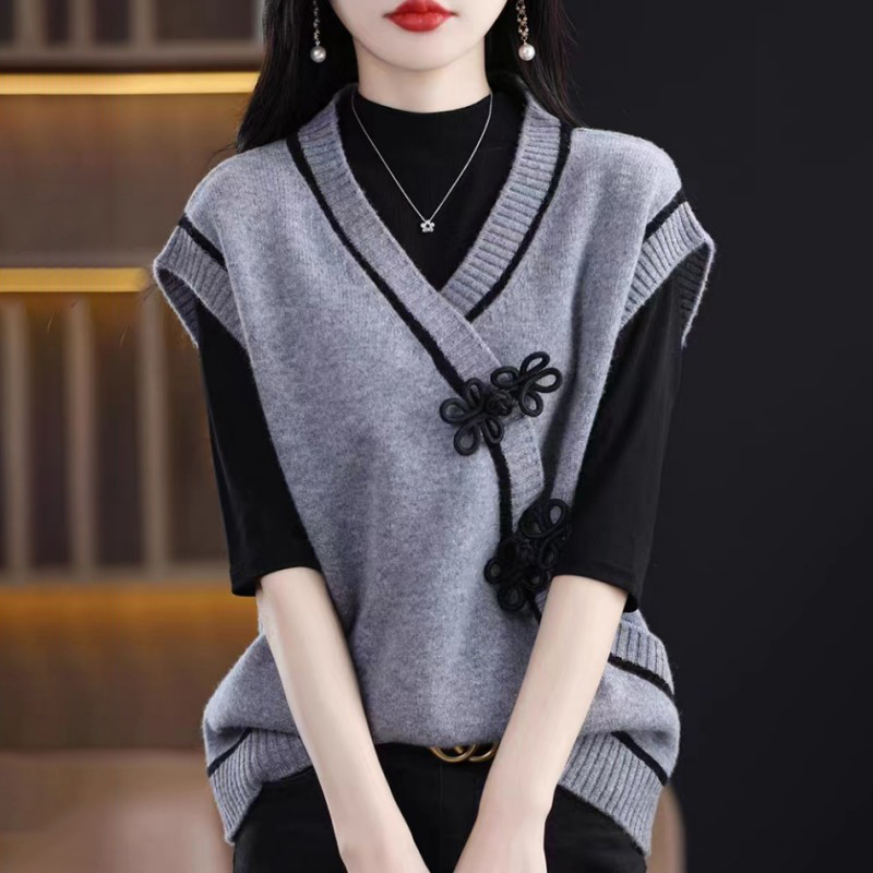 復古設計感盤扣v領寬鬆無袖馬甲針織(3色)