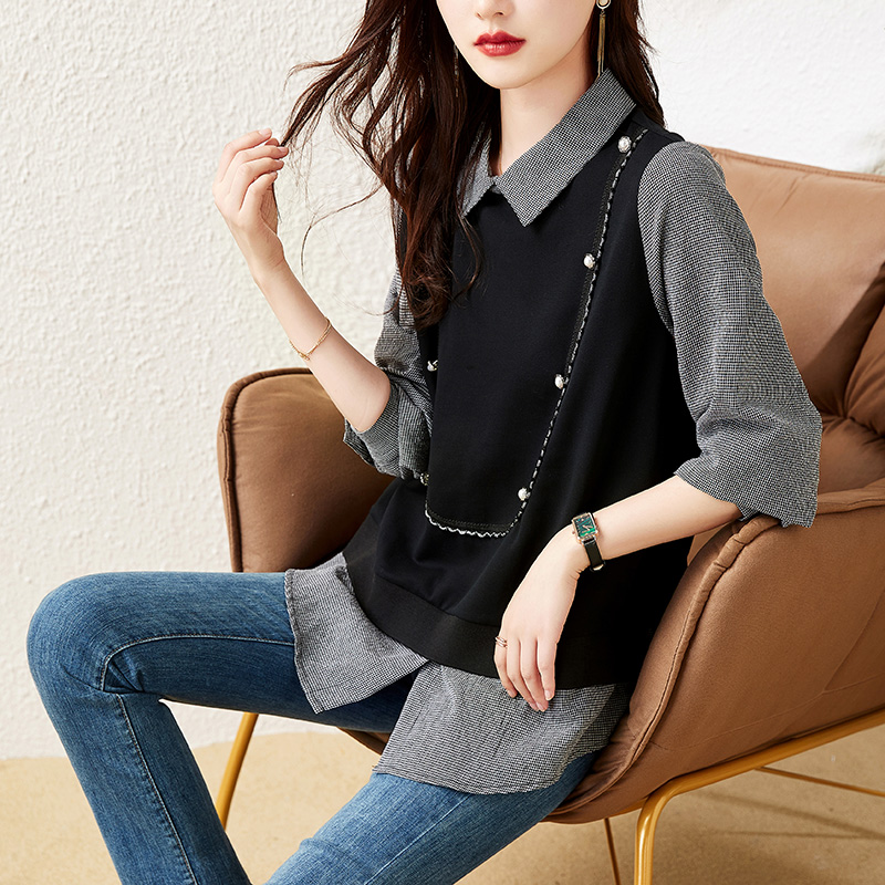 寬鬆撞色條紋假兩件針織拼接衛衣