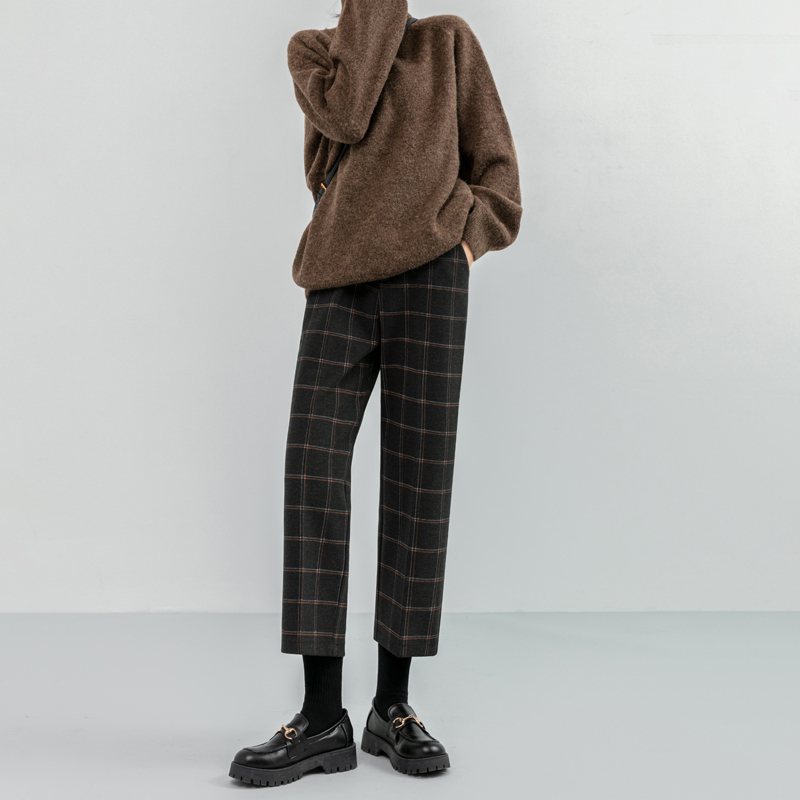 韓系百搭格紋直筒修身八分/九分褲