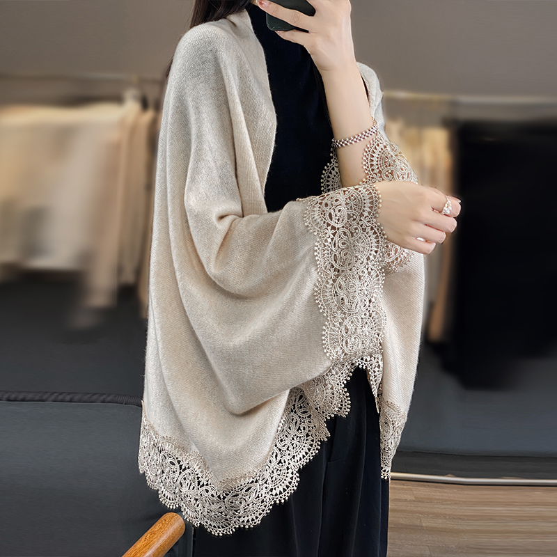 寬鬆中長純色蕾絲邊外搭披肩(4色)