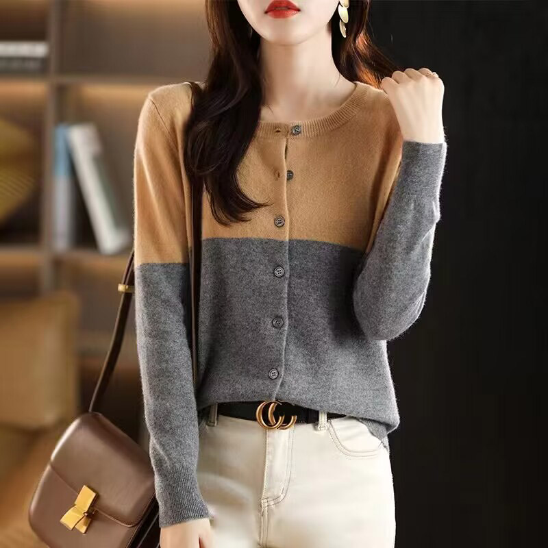 韓系寬鬆拼色圓領針織開襟衫(5色)