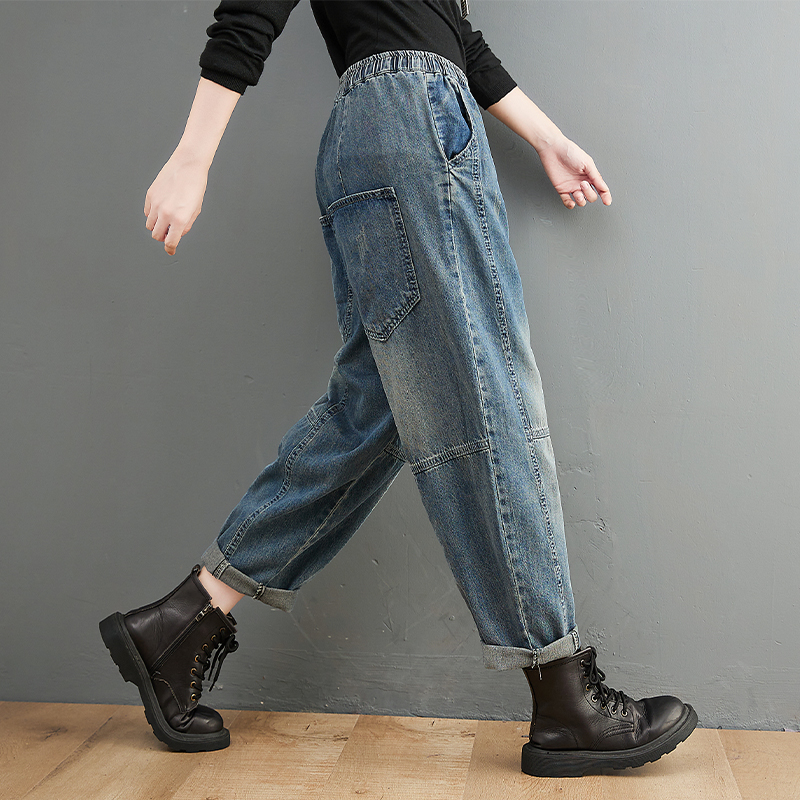 復古寬鬆洗水磨白高腰九分牛仔褲