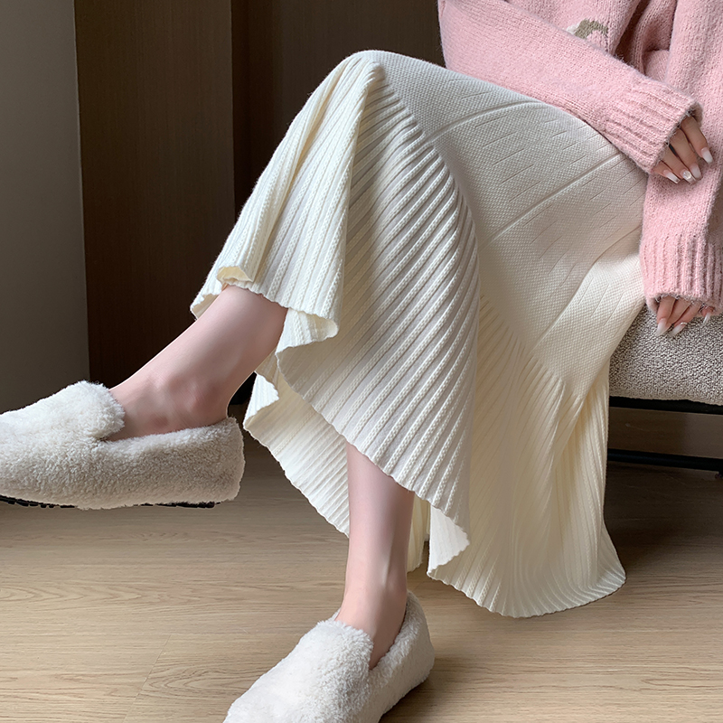 高腰修身顯瘦中長百褶裙針織半身裙(2色)