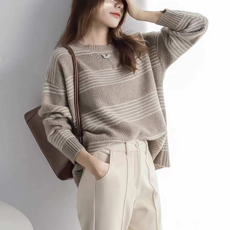 慵懶百搭寬鬆條紋拼色圓領針織衫(3色)
