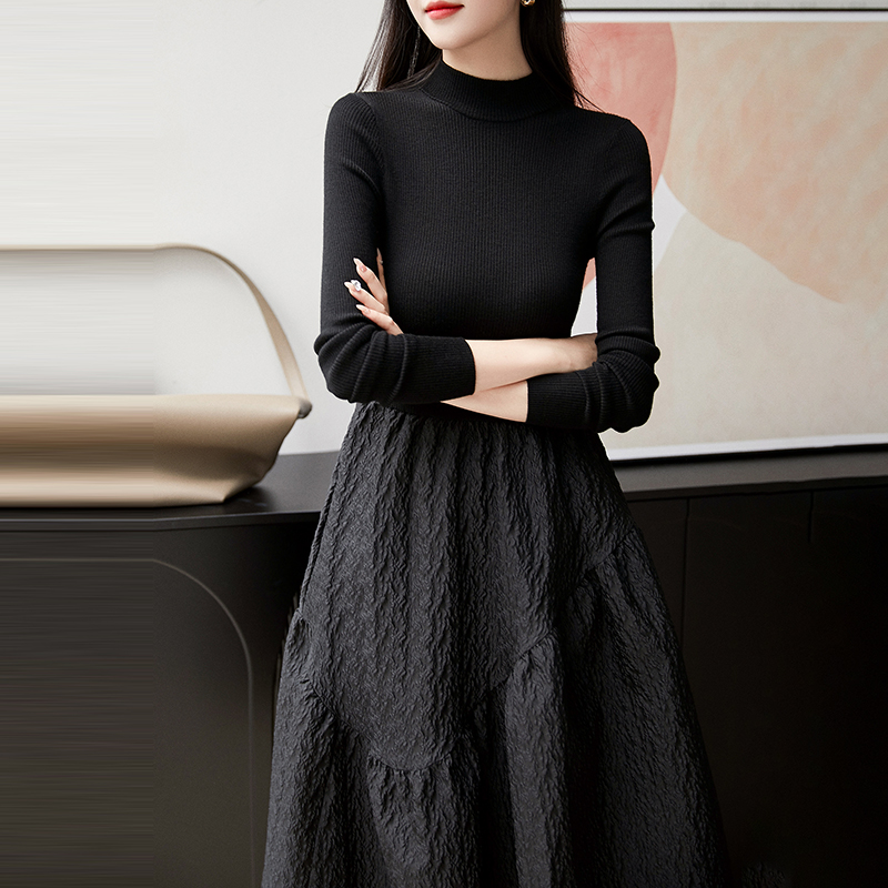 法式復古針織衫拼接蓬蓬連身裙