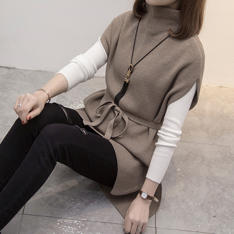 韓系寬鬆半高領開叉中長針織坎肩(4色)