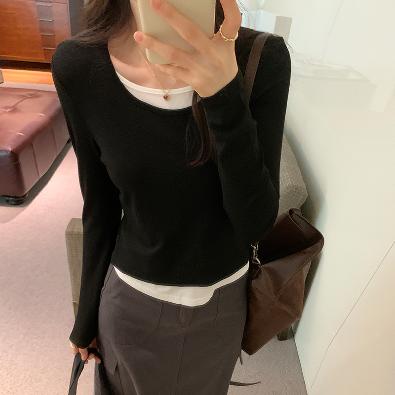 簡約時尚假兩件條紋撞色T恤(4色)