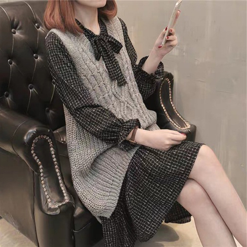 韓系針織無袖馬甲中長款連身裙兩件套