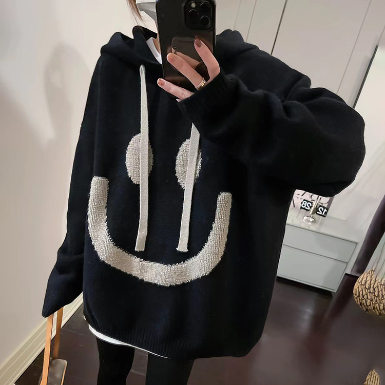 慵懶風休閒百搭軟糯笑臉連帽毛衣(2色)
