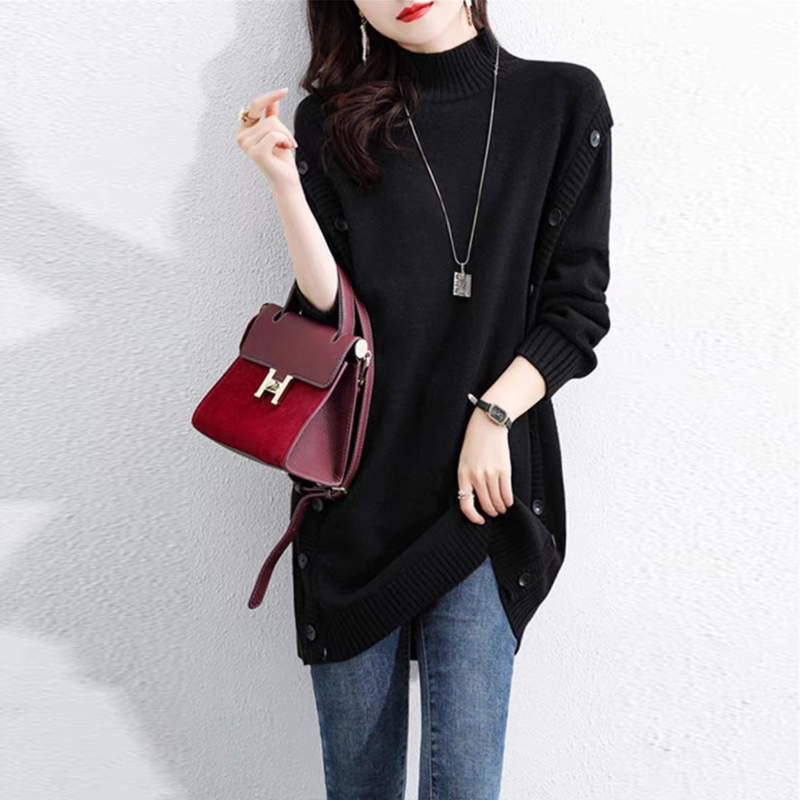 法式時尚寬鬆半高領顯瘦遮肚針織毛衣連身裙(2色)